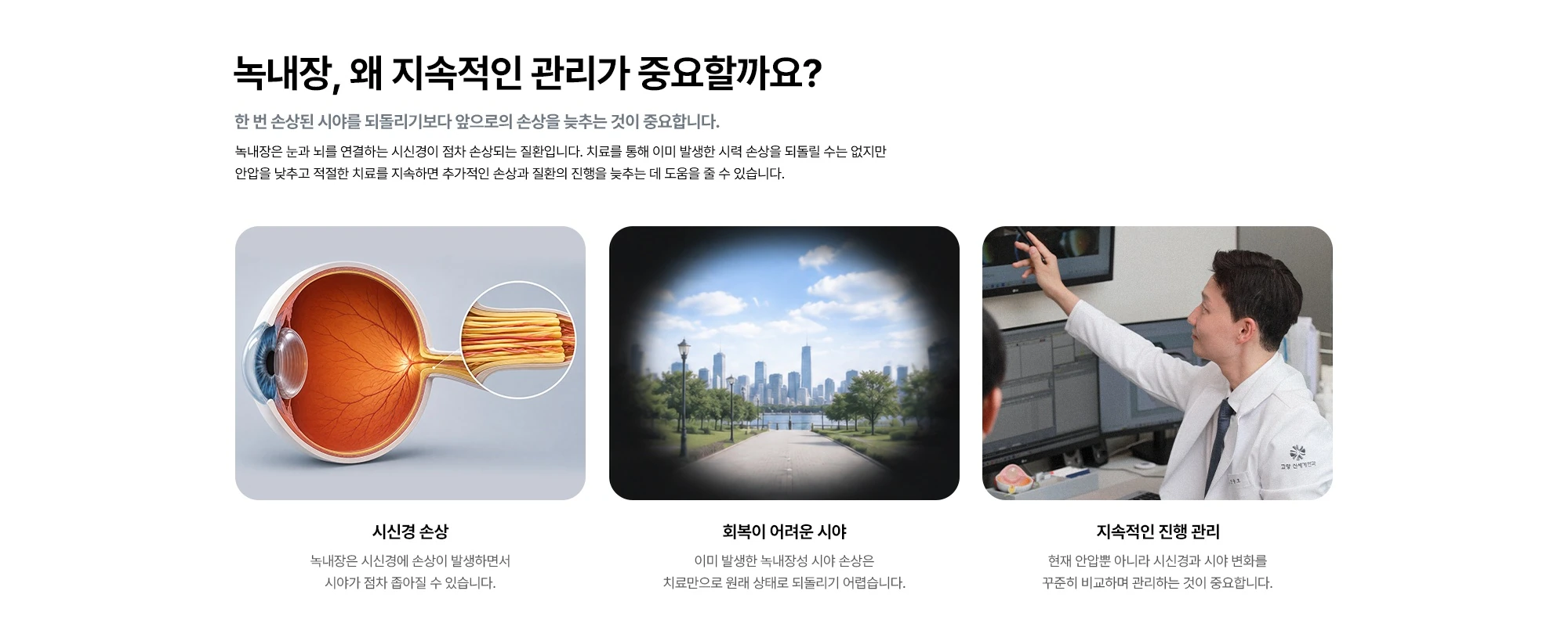 녹내장, 왜 지속적인 관리가 중요할까요? 한 번 손상된 시야를 되돌리기보다 앞으로의 손상을 늦추는 것이 중요합니다. 녹내장은 눈과 뇌를 연결하는 시신경이 점차 손상되는 질환입니다. 치료를 통해 이미 발생한 시력 손상을 되돌릴 수는 없지만 안압을 낮추고 적절한 치료를 지속하면 추가적인 손상과 질환의 진행을 늦추는 데 도움을 줄 수 있습니다. 시신경 손상 회복이 어려운 시야 지속적인 진행 관리 녹내장은 시신경에 손상이 발생하면서 시야가 점차 좁아질 수 있습니다. 이미 발생한 녹내장성 시야 손상은 치료만으로 원래 상태로 되돌리기 어렵습니다. 현재 안압뿐 아니라 시신경과 시야 변화를 꾸준히 비교하며 관리하는 것이 중요합니다.